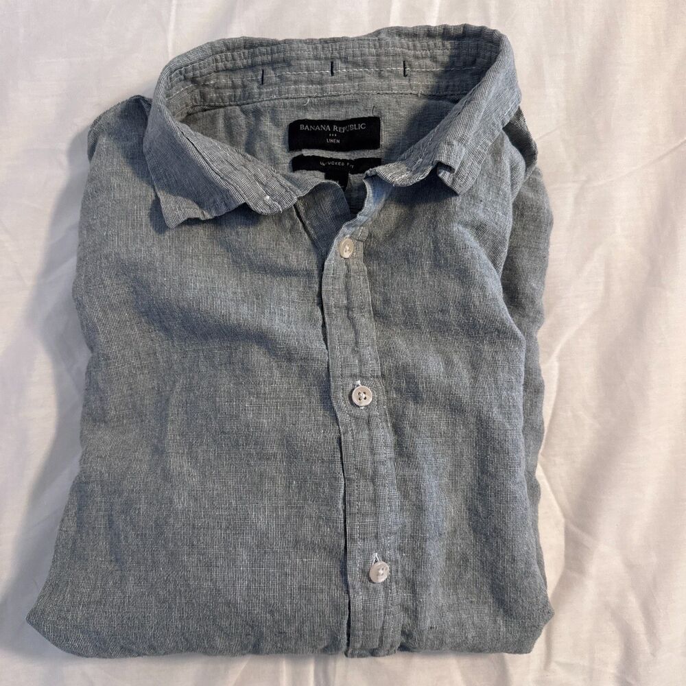 Mens XL Banana Republic Linen/Cotton Blend Long Sleeve Button Down Green VGUC